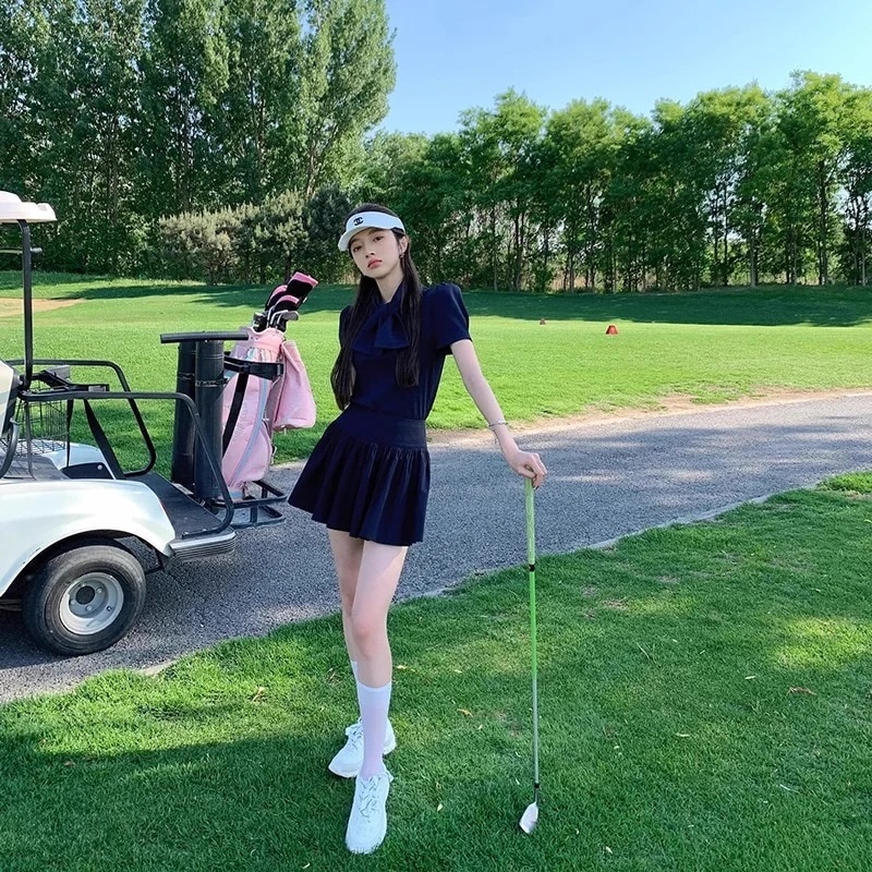 ゴルフウェア レディース スポーツウェア ゴルフスカート Tシャツ 長袖 スカート 上下セット 大きいサイズ ネイビー 春夏 速乾 女性 テニスウェア 韓国風 INS おしゃれ