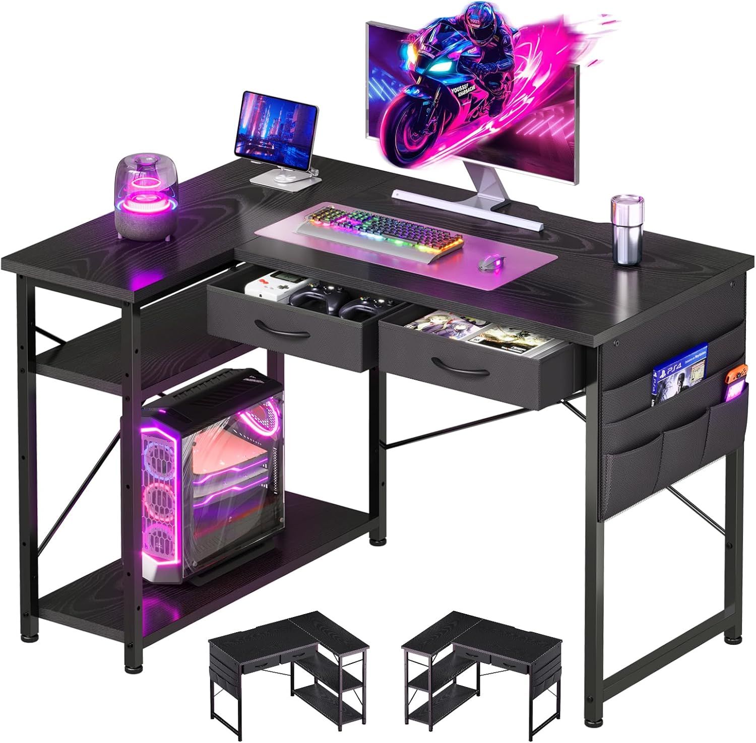 ゲーミングデスク l字デスク机pcデスク パソコンデスク 幅100cm×奥行45cm つくえ 勉強机学習机 左右入替可 布製引き出し付き オフィスデスク ワークデスク 収納ラック ダークブラウン