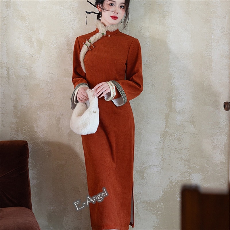 チャイナドレス 冬 オレンジ 無地 厚手 ロング 長袖 改良チャイナドレス 裏起毛 シェニール ス