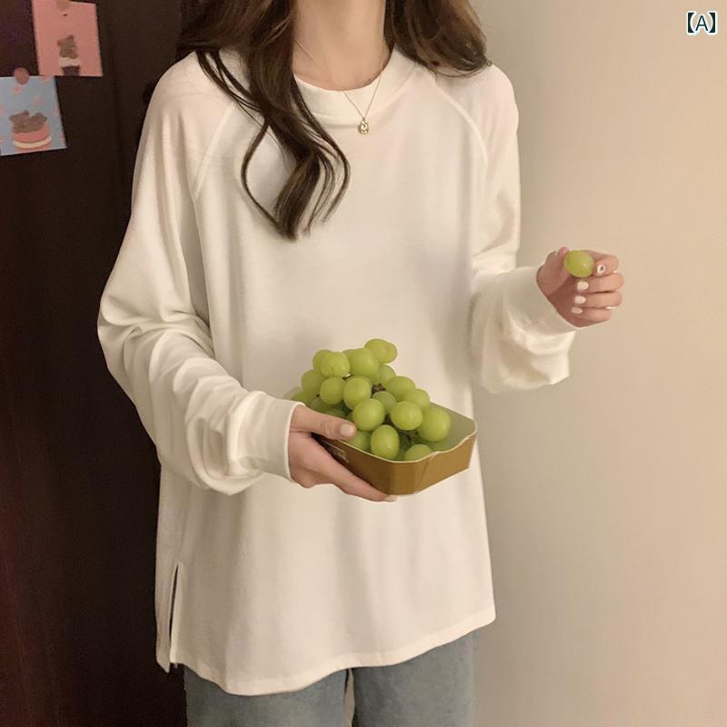 レディース トップス カジュアル おしゃれ 白 綿 長袖 Tシャツ 春秋冬 丈 起毛 インナー ベース レイヤー