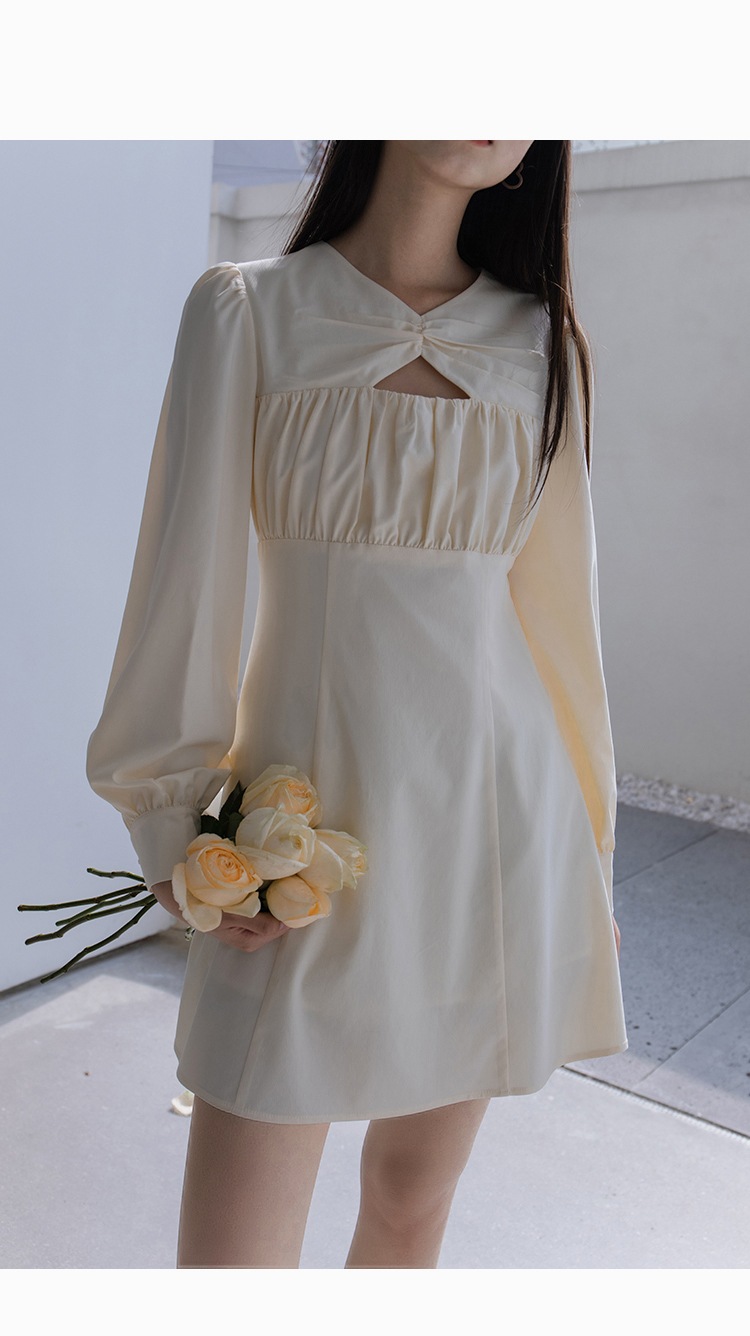 レディース ワンピース エレガント レトロ ドレス 女性 春 デザイン ニッチ ウエスト スカート ホワイト アプリコット S M ワンピース 膝丈 ひざ丈 袖あり 5分袖 かわいい 大人可愛い