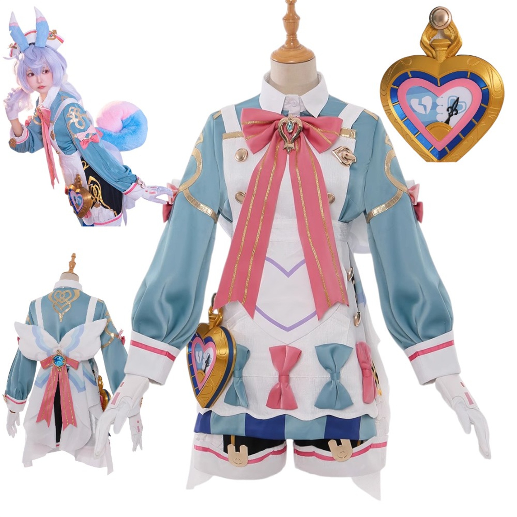 Monenjoy 原神 シグウィンの衣装 コスプレ　海のスウィートカラー　尻尾付　翼付　耳飾り　看護師長 原神　金属パーツ　1:1金属神の目　龍の愛娘　豪華生地　初期衣装　複雑なデザイン衣装　舞台