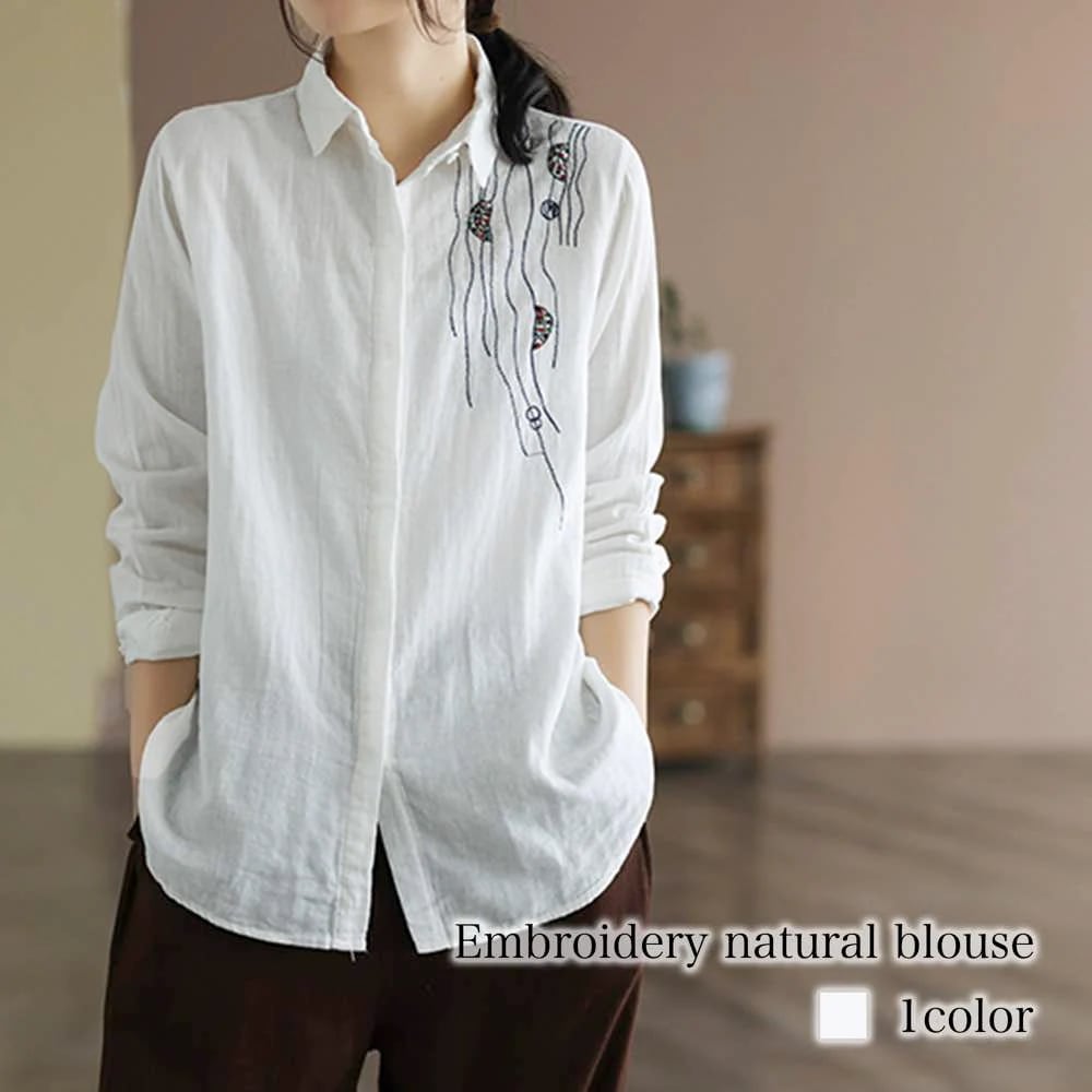 シャツ レディース 刺繍ナチュラルブラウス ロゴ 大人 ブランド 秋 かわいい 春 麻 形態安定 襟付き ブラウス カジュアル 事務服 暖かい 長袖 おしゃれ スポーツ ゆったり しわになりにくい T 4,697円