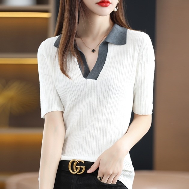 レトロ風モテコーデ トップス シャツ トップス 袖あり 5分袖 Vネック 襟付き スリム 細身 かわいい 可愛い きれいめ シンプル カジュアル 上品 おしゃれ お洒落 かっこいい レトロ