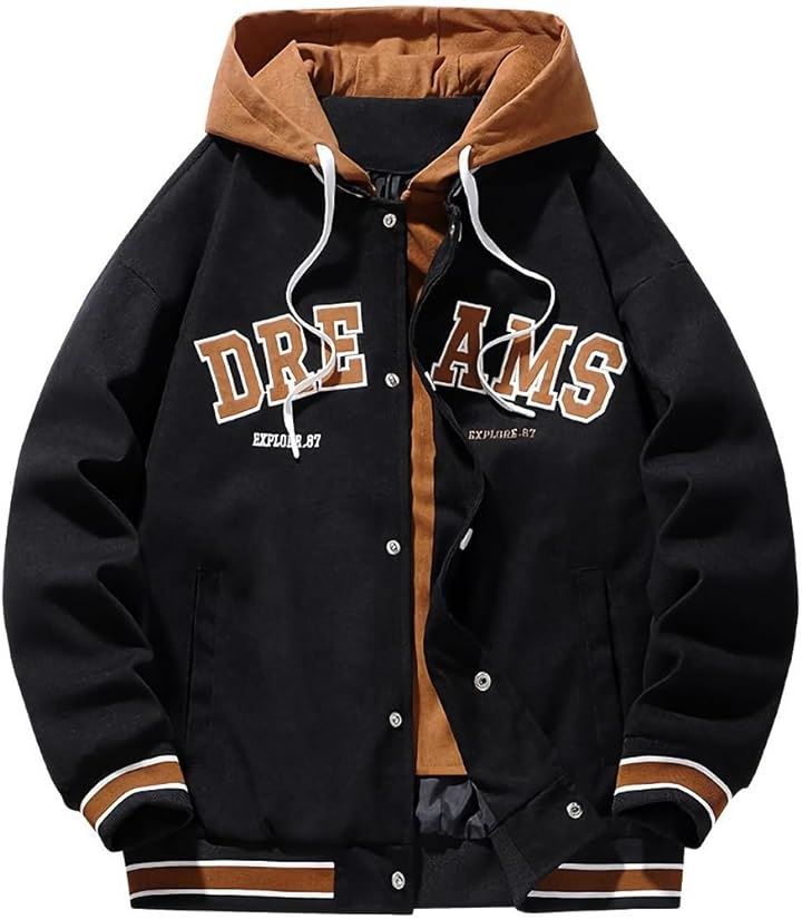 フード付き ジャンパー ストリート系 重ね着風 おしゃれアウター メンズ カッコイイ ジャケット ブラック(アイボリーブラック, XL)