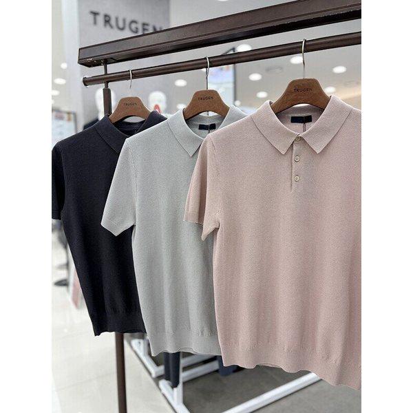 メンズ夏半袖コットン混紡プルオーバーカラー配色ポロカラーネックニットトップTシャツ3色択1_JK