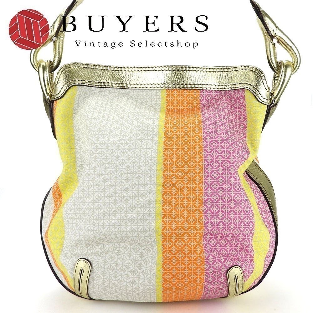 中古 ショルダーバッグ ニューロード キャンバス レザー ゴールド マルチカラー ワンショルダー 肩掛け レディース 女性
