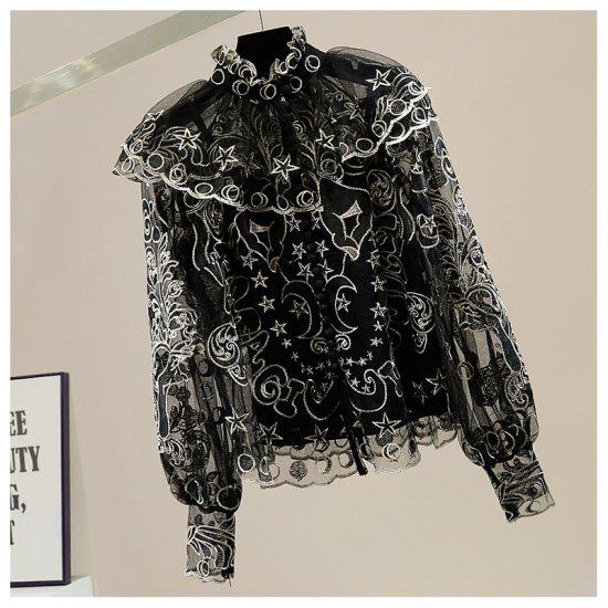 シャツ レディース 長袖 袖あり フリルシャツ 柄シャツ 柄物 レース フリル トップス 星柄 星 月 S M L ブラック ピンク イエロー 黒 黄色 パステルカラー 10代 20代 通勤 通学 学