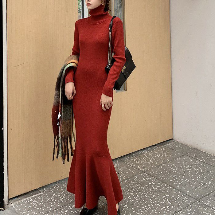 2022年 秋冬 新作 4color ハイネック リブ マーメイド ロング ニットワンピース 8,398円