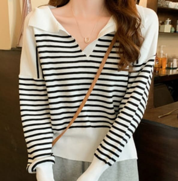 カットソー レディース 長袖 Vネック 襟付き 個性的 大人可愛い きれいめ シンプル カジュアル 大人 ボーダー 春 秋 ママ 学生 デート ホワイト ブルー レッド ブラック トップス