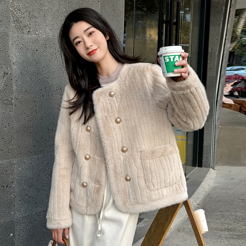 Xiaoxiangfeng 秋冬の女性用毛皮コート厚みのあるダブルブレストショートコートスリムイミテーションミンクベルベットルーズトップ