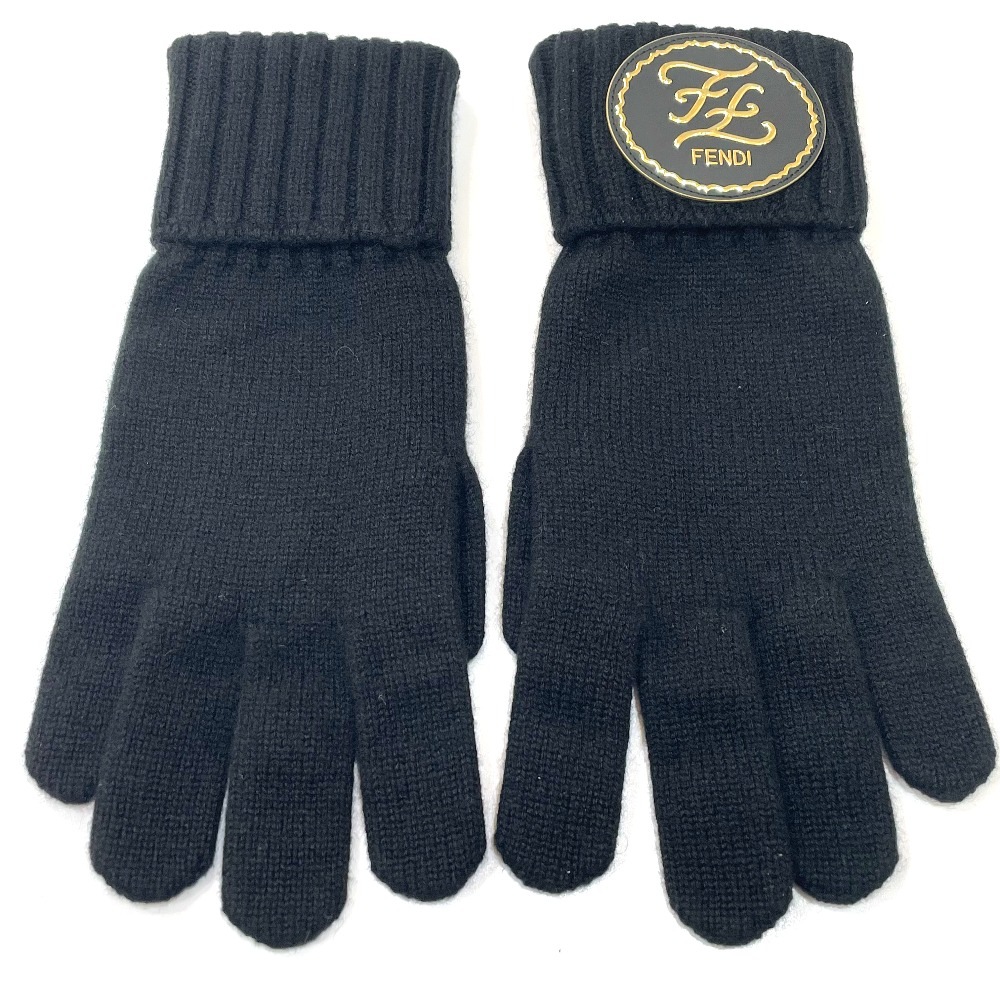 最高級 FXY010 手袋 ニット ブラック カシミヤ アパレル小物 カリグラフィーロゴ グローブ アームウォーマー