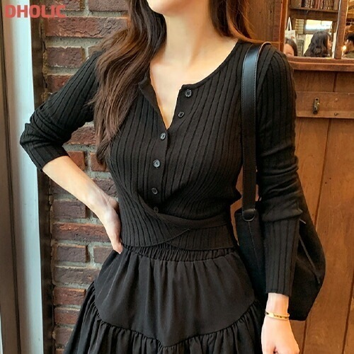 リブ長袖スリムクロップドラウンドネックボタンカーディガン・1937531