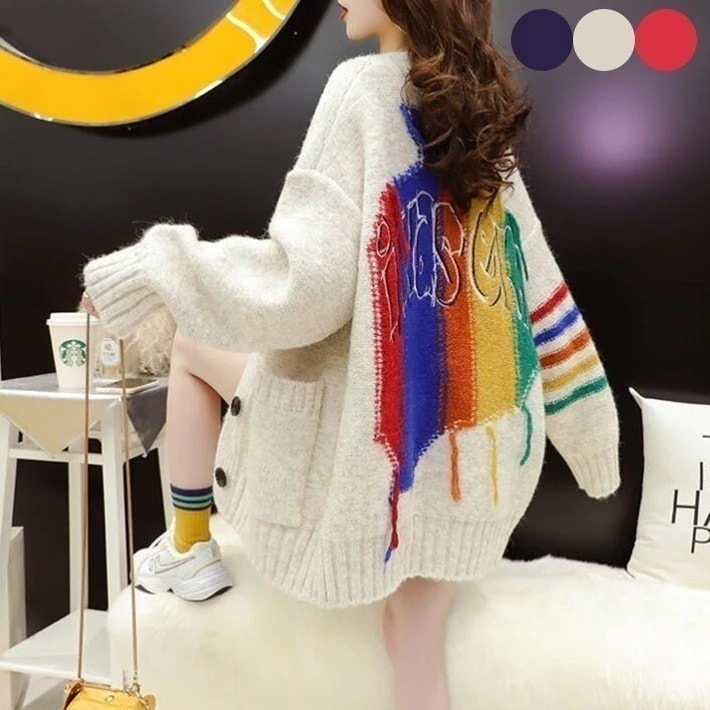 ロゴニット　プリント　カーディガン ニットカーディガン ロングカーディガン ロング 　アウター 　レディース 　ゆるニット ゆったり 長袖　羽織 春秋冬