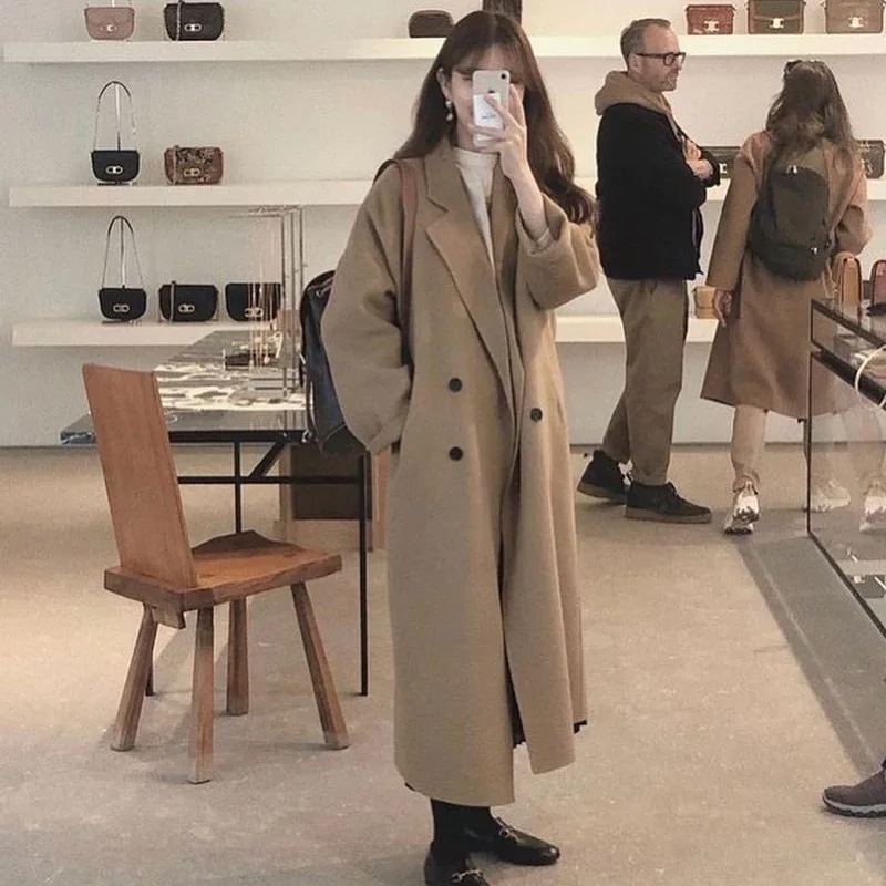 女性用ダブルブレストコート,ロング,100% ウール,カジュアルルーズオーバーコート,レースベルト,手作り,特大,韓国,冬,2023