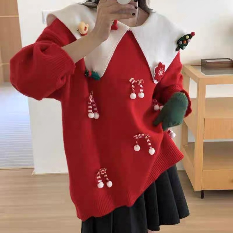甘くて優しいスタイルの女性用クリスマスセーター新しい秋冬スタイル怠惰なスタイル人形の襟蝶ネクタイの雰囲気のトップス