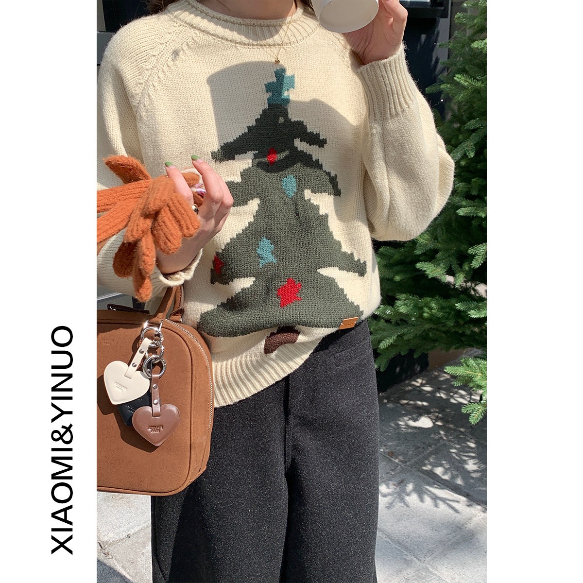 [Oufan] 雰囲気クリスマスツリージャガードラウンドネックセーター女性用秋冬新作ルーズプルオーバーセーター 9582