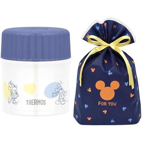 サーモス 真空断熱スープジャー 300ml ディズニー ブルーイエロー JBU-302DS BLY+インディゴ Disney ミッキー ミツマル ラッピング袋 ギフトバッグL フォーユー ネイビー D