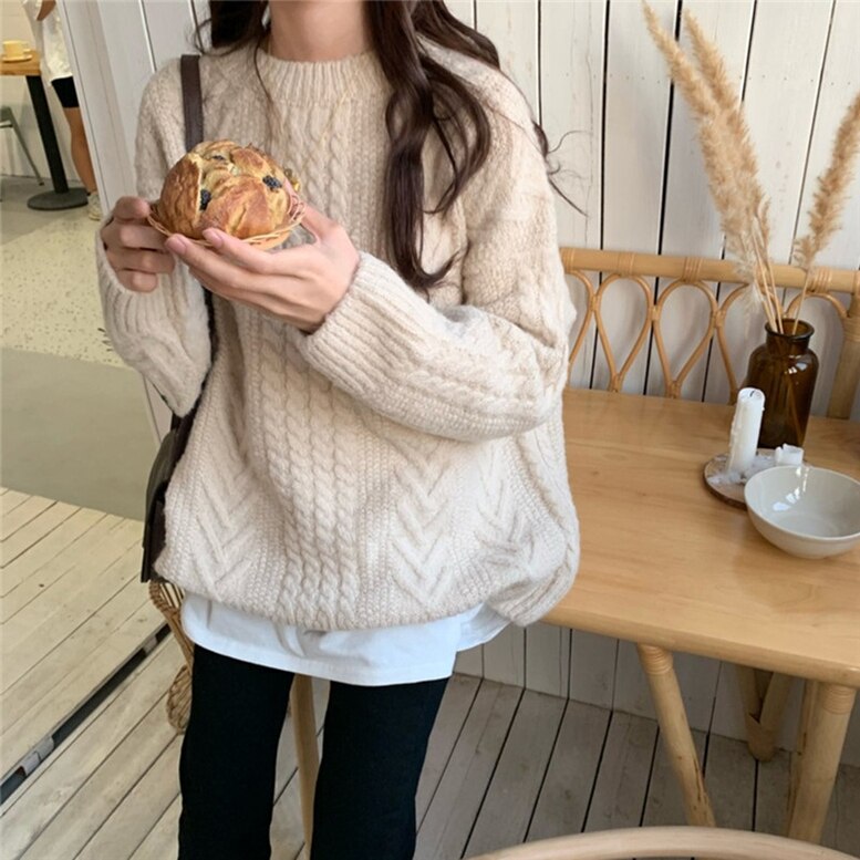 3color ケーブルニット ドロップショルダーケーブルオーバーサイズニット セーター プルオーバー