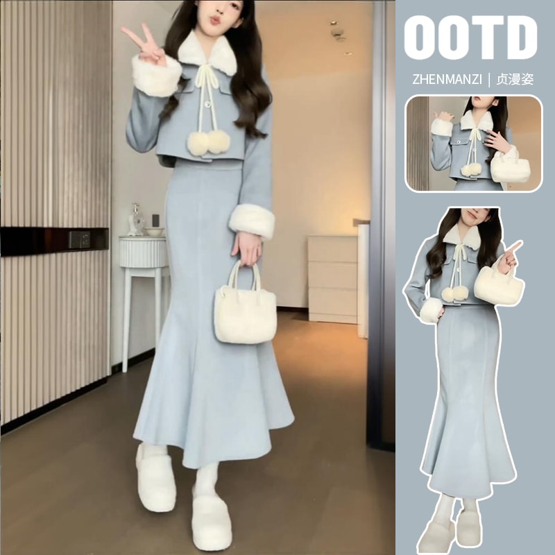 女性用深冬小香ワンピース2点セット2024年秋冬新作フィッシュテールスカートティースタイル一式セット