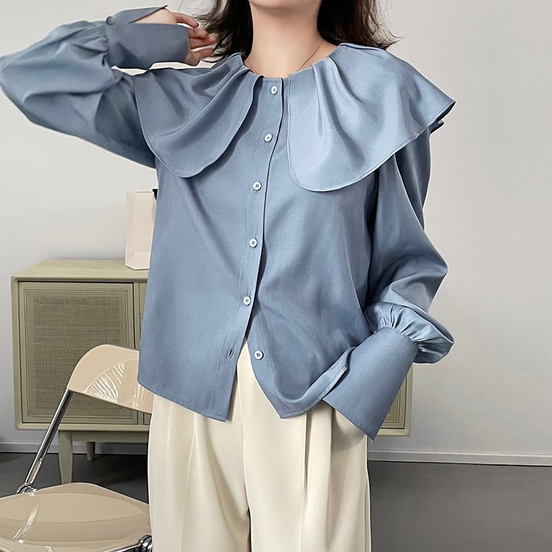 ブラウス レディース トップス 人気 おすすめ おしゃれ お洒落 激安 安い プチプラ 長袖 ロング 美シルエット 華奢見え ビッグカラー 無地 ロングカフス 韓国 新作 可愛い wto09