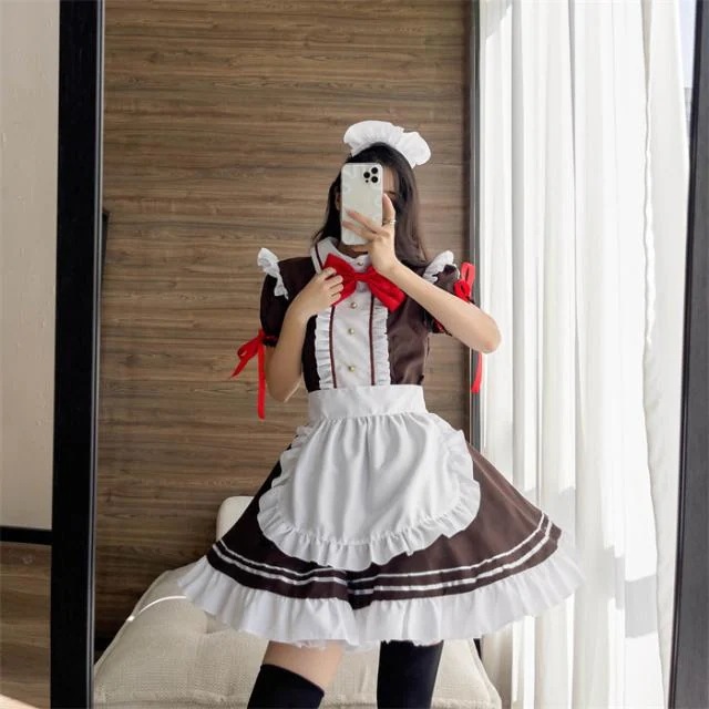 メイド服 genshin 胡桃(フータオ)　ロリィタ ロリータ ワンピース コスチューム 飾り付き エプロン 髪飾り リボン 文化祭 学園祭 メイドカフェ Lolita コスプレ衣装 アニメ 可愛い