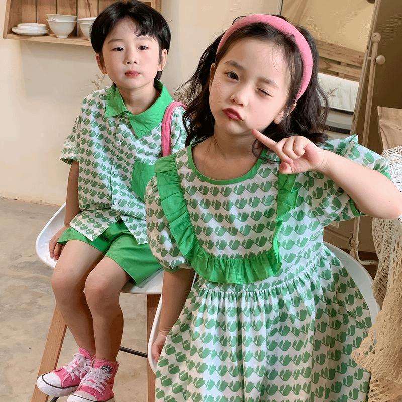 子供スーツ 2024夏スタイル 男の子女の子用 韓国半袖ショートパンツ 2点セット 子供レースドレス 兄妹コーデ