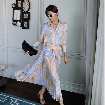 セットアップ レディース 上下セット ツーピース ブラウス スカート 長袖 ロング丈 プリーツ 柄 パステルカラー 春 夏 秋 大人 かわいい きれいめ 上品 おしゃれ シンプル カジュアル ナチュラ