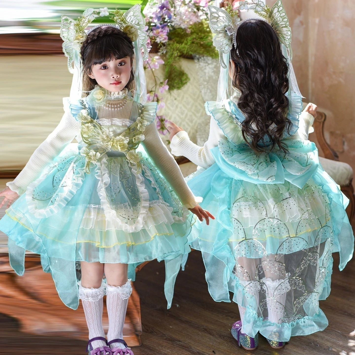 緑のエルフ秋冬セーターワンピース 舞台フォーマルプリンセスフリルドレス 子供服 ロリータ ハロウィン クリスマス