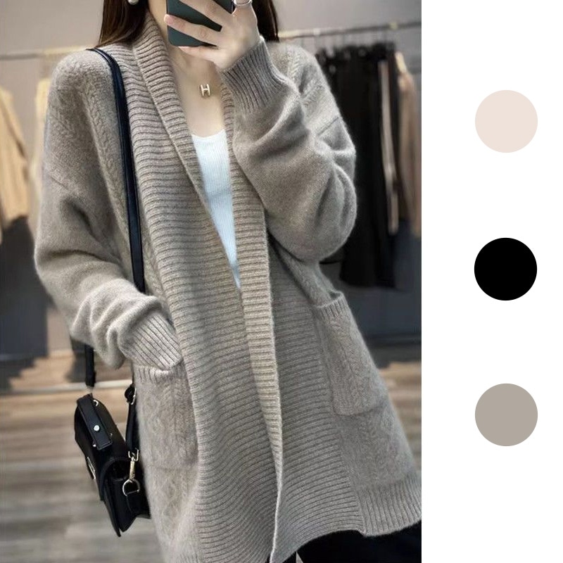 無地 カシミヤ カーディガン レディース ゆったり Vネック ニットセーター ウール ニット 中長丈 アウター 厚手