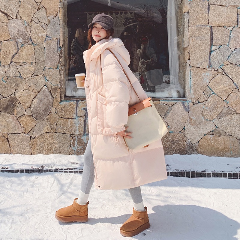 冬の女性用ピンクのミドル丈のフード付きダウンジャケット小さくてとても素敵で甘い90ホワイトダックダウンジャケット