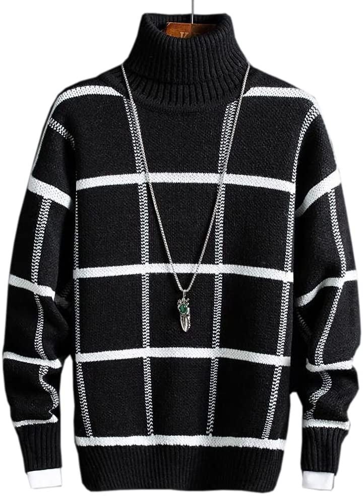 アスペルシオ タートルネック チェック柄 ニットセーター 長袖 トップス メンズ ブラック(ナイトブ