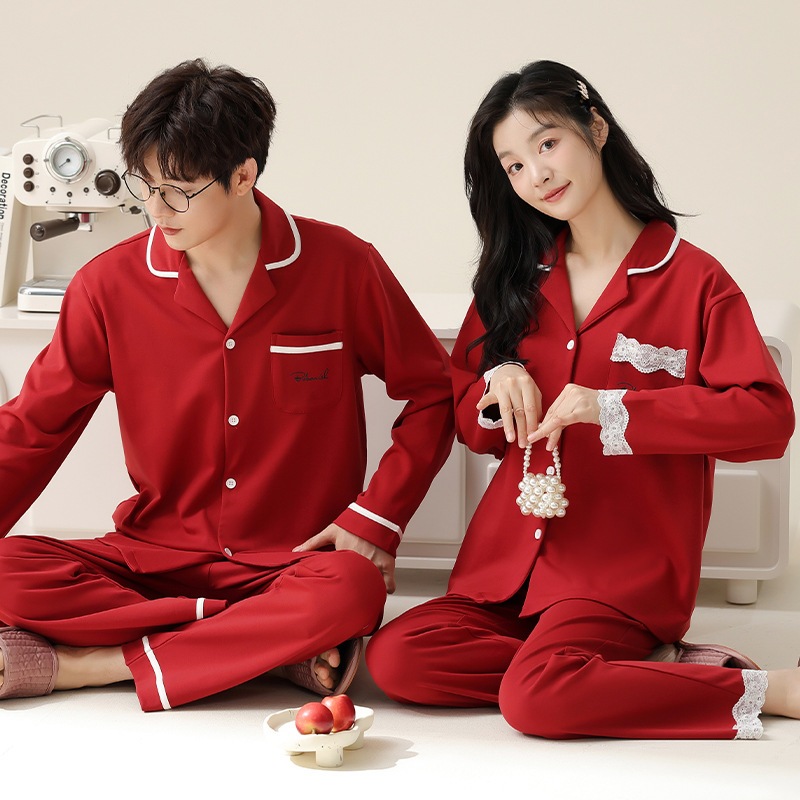新婚カップルのパジャマ春と秋の純綿の長袖カーディガンお祝いの鮮やかな赤のウェディング男女のラウンジウェアセット