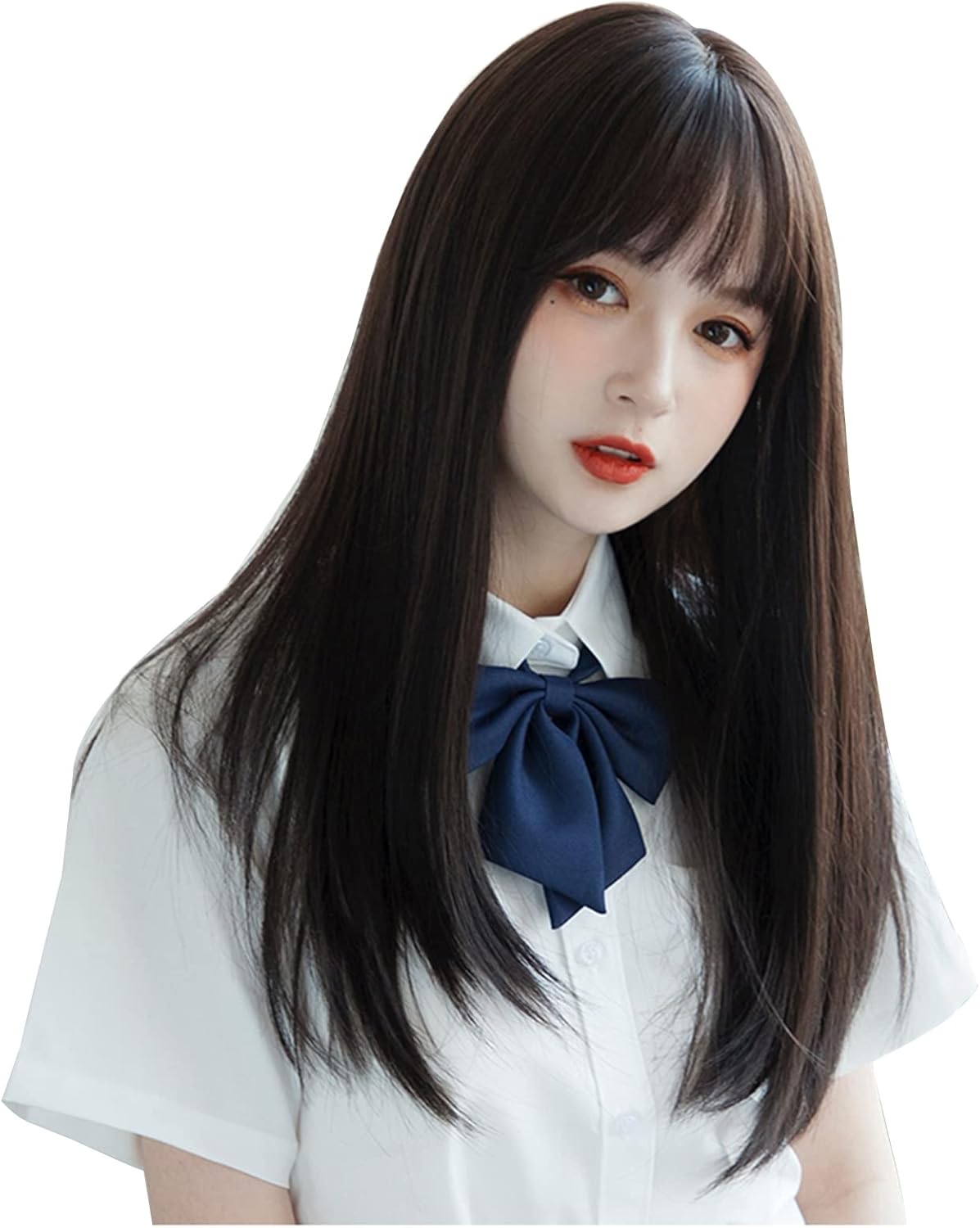 ロングストレートウィッグ セミロング 黒茶色 耐熱加工 ネット・ギフトボックス付き