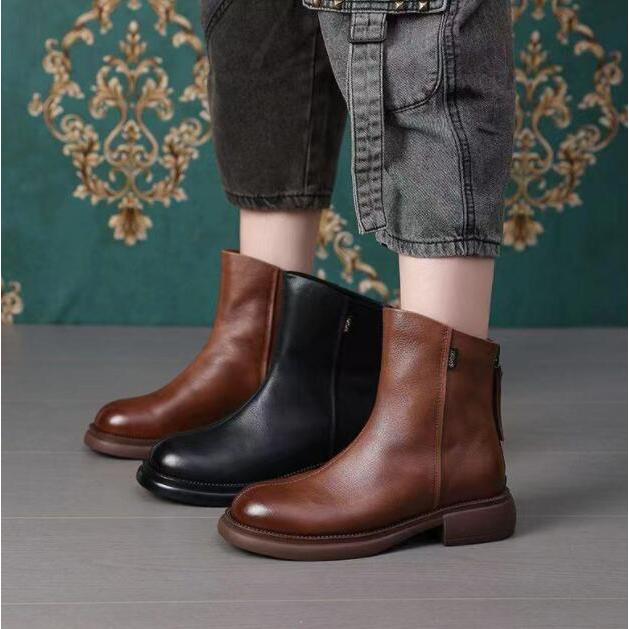 ブーツ レディース ショートブーツ 本革 ブーツ 黒ブーツ ローヒール ペタンコ靴 厚底 ヒール3.5cm 美脚 秋 冬 柔らか 軽量