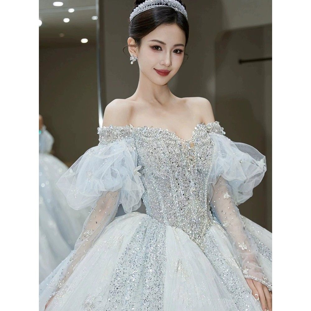 ブルー ワンショルダー ウェディングドレス 2025 花嫁 質感 プチトレーリング主糸