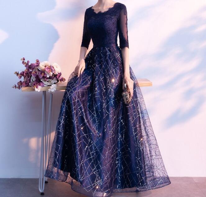 パーティードレス　2色　袖あり　ロングドレス　着瘦せ　花嫁　ドレス　二次会　結婚式　レース　発表会