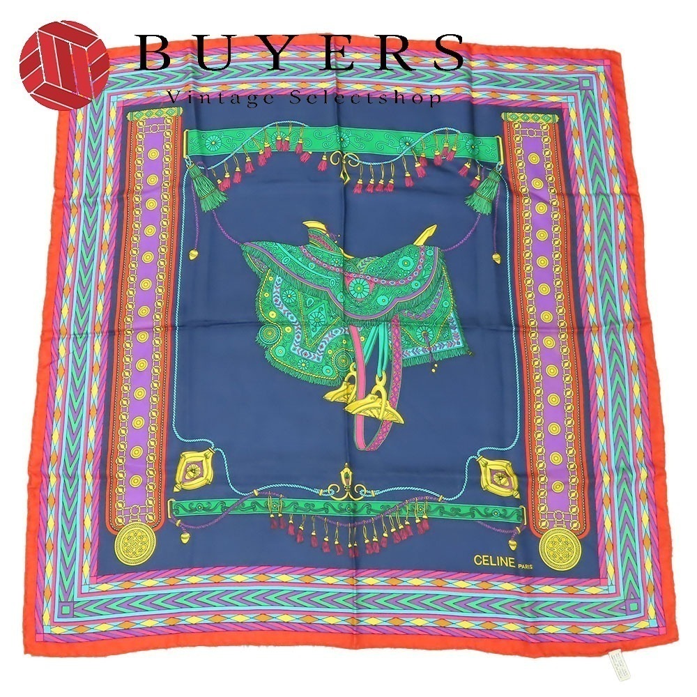 中古 スカーフ シルク ネイビー グリーン マルチカラー 大判 アクセサリー おしゃれ レディース 女性