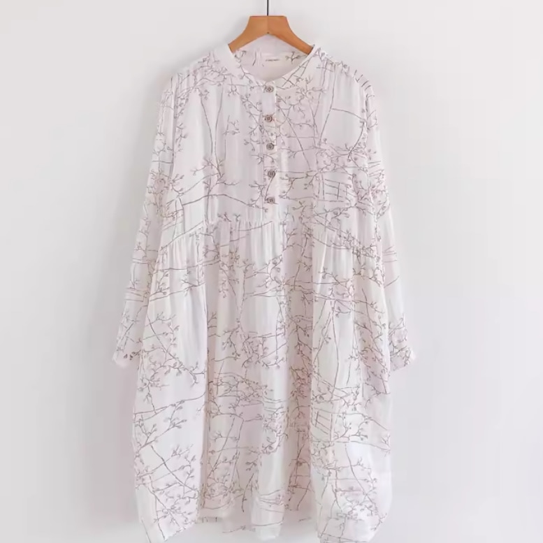 レディース トップス チュニック 前開き 長袖 ラウンドネック 襟なし ワイド フェミニン 伸縮性 ボタン 薄手 かわいい 大人可愛い きれいめ シンプル カジュアル 上品 おしゃれ かっこいい