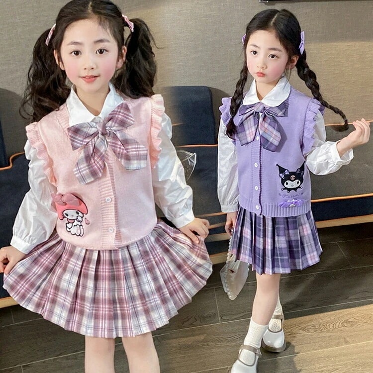 高品質 女の子 ガールズ スーツ カーディガン シャツ スカート セットアップ 3点セツト クロミ 学園風スカート 制服スカート キッズ 子供服 春から秋 子供用制服 スクールコーデ トレンド