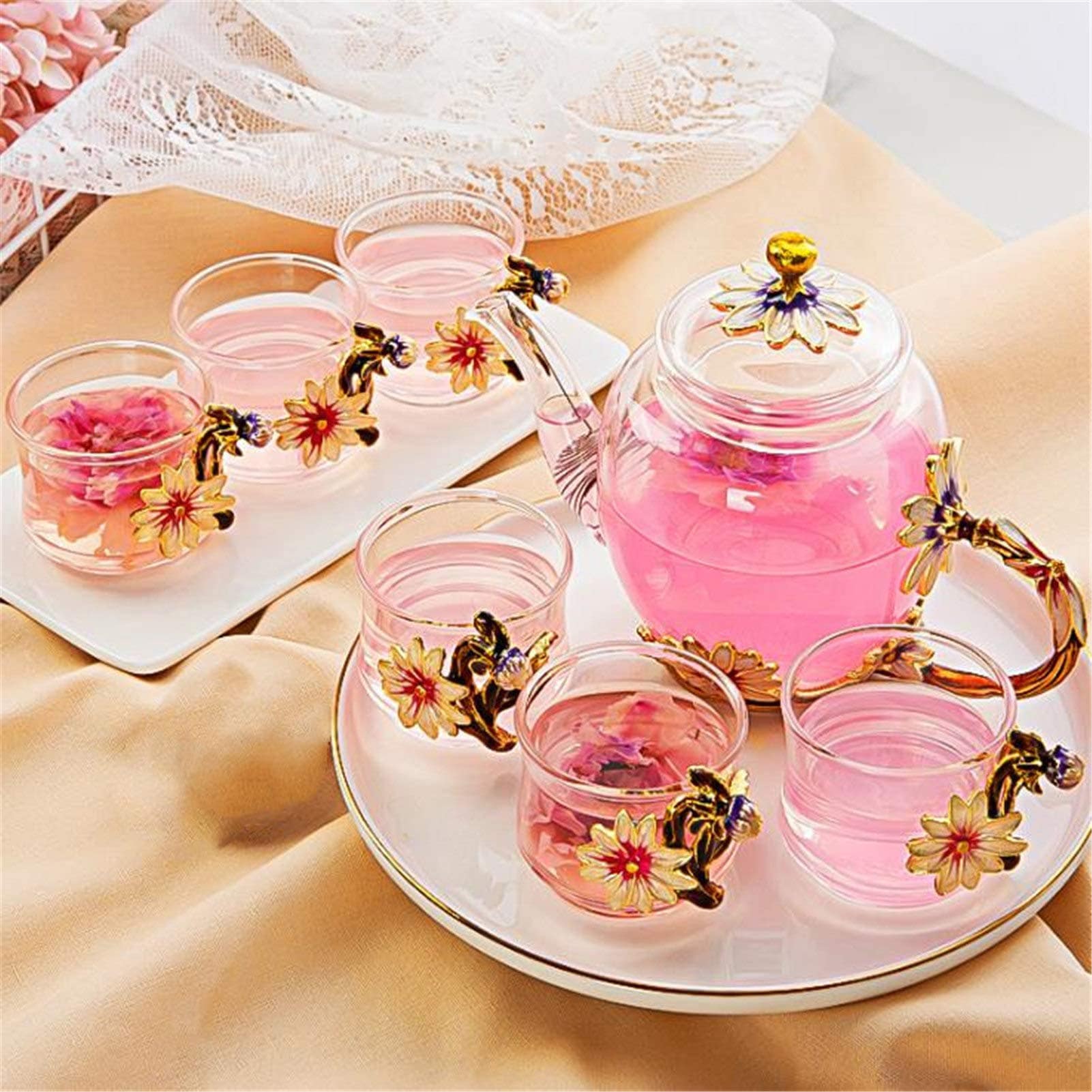 ティーポット 耐熱ガラス 菊 ティーカップ 7点セット 母の日 おしゃれ 急須 湯呑み 茶ポット 透明 保温 インテリア ハーブティーポット 工芸茶 コーヒーカップ 厚手 真空断熱 紅茶 花茶 緑茶