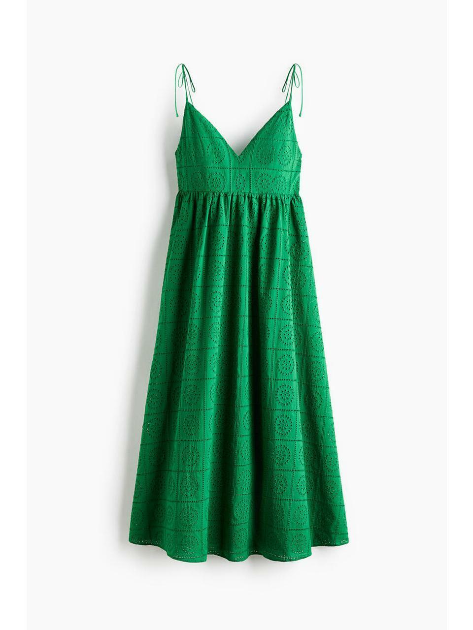 H&M タイストラップブロデリーアングレーズドレスグリーン 1340487004