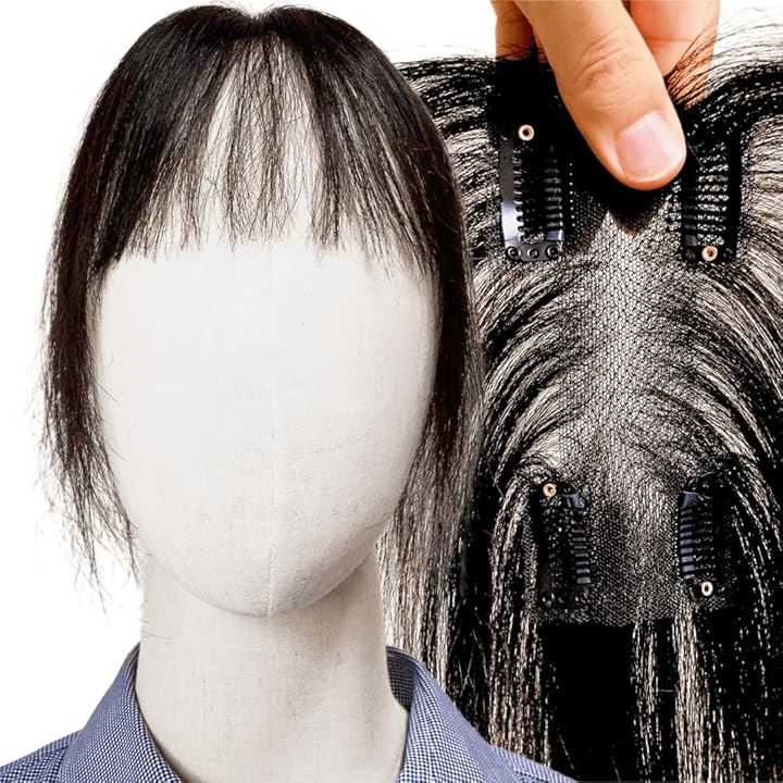 部分ウィッグ ヘアピース ポイントウィッグ 女性 レディース 人毛100% かつら 前髪ウィッグ ショート トップピース つむじ(前髪カット(ナチュラルブラック), 12x6cm)