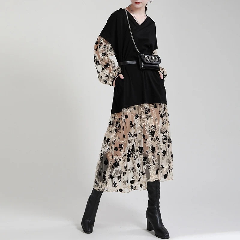 【J.Fashion】 黒Tシャツ+シフォン ドッキング ワンピース レース 花柄 ラウンド 春秋 ロングワンピース 日焼け止め ドレス メガ割
