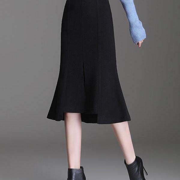 コーデ レディース ファッション オシャレ アイテム カワイイ コーデ シンプル きれい ナチュラル 上品カジュアル 用 ホワイト カラー ハイウエスト ウール フィッシュ テール スカート ミドル丈