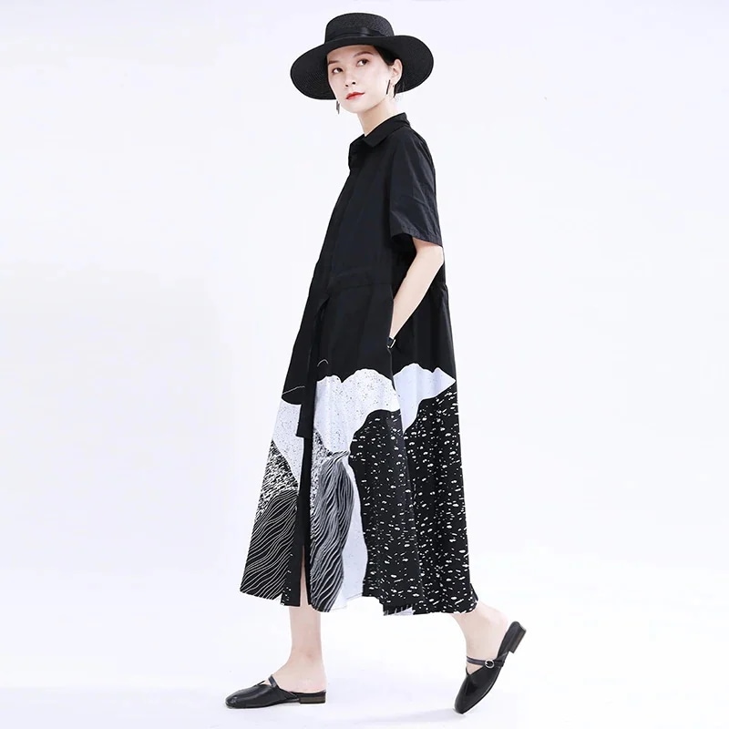 体型カバー 柄ワンピース 大きい裾 チュニック 抽象絵画 レディース ゆる ロングワンピ シャツワンピース 日焼け止め 【J.Fashion】 メガ割