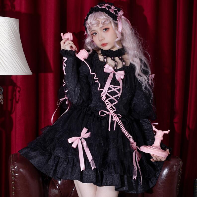 ロリータワンピース 可愛いロリータ服 長袖ワンピース ジャンパースカート プリンセスドレス チュール付き ショート丈 パーティードレス 可愛いワンピース 大人コスチューム ゴスロリ ハロ