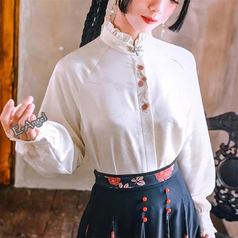 レディース 杏色 刺繍トップス モダン オリジナル チャイナ風シャツ スタンドカラー 紫色 フリルブラウストップスシャツブラウス