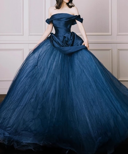 カラードレス ネイビー オフショルダー ふわふわドレス ファスナー 披露宴