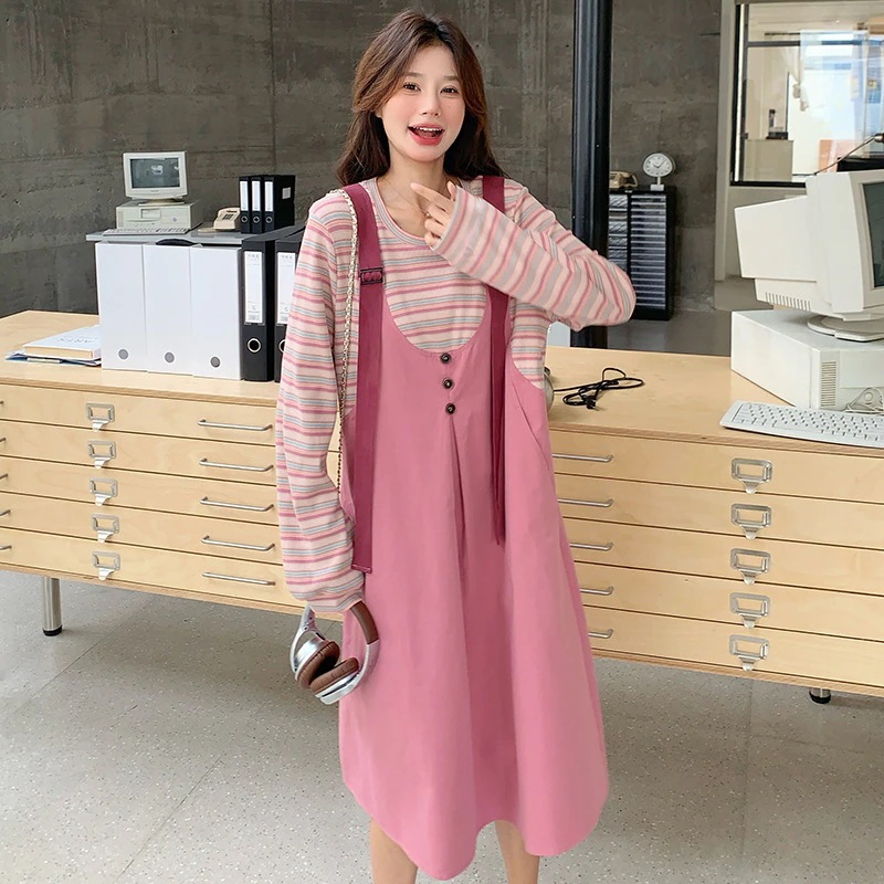 ストライプスプライシング偽2ピース長袖ワンピース外国貿易秋モデル新鮮で遊び心のあるカレッジスタイルTシャツバックドレス